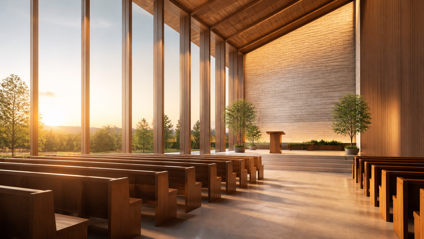 A peaceful contemporary chapel interior at sunrise